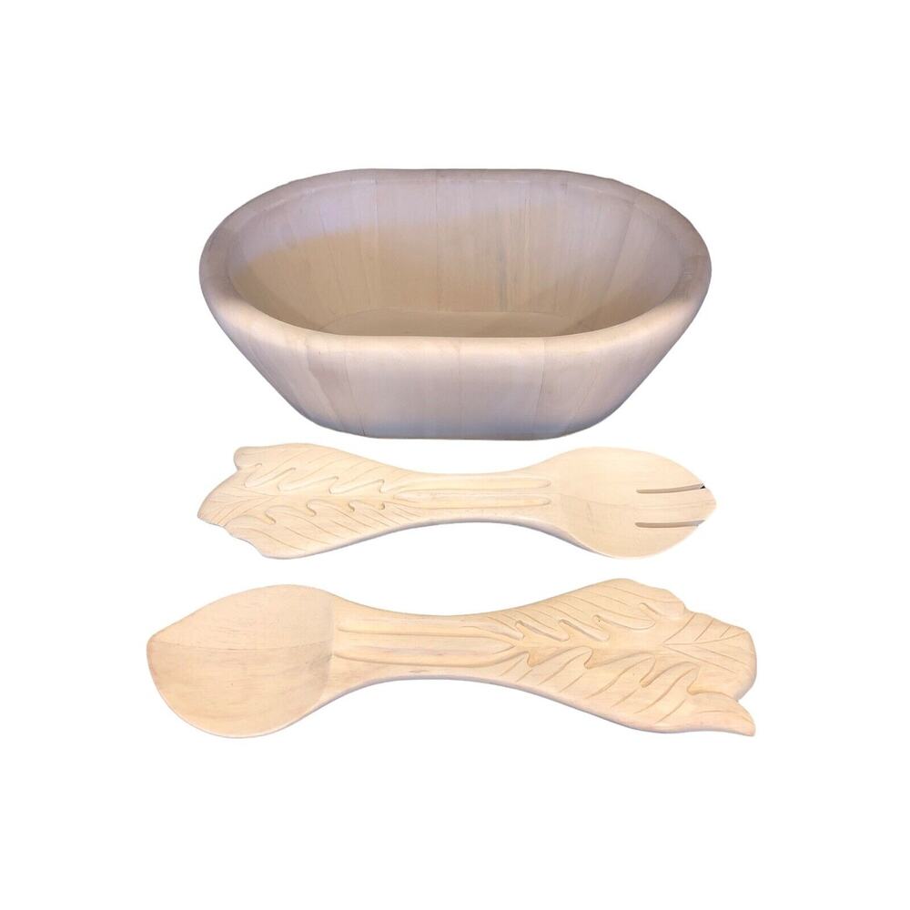 Pottery Barn Medium Wooden Salad Bowl With Carved Tossers Decorative